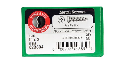 Hillman 823304 10 x 3 in. Pan Head Sheet Metal Screws Stainless Steel - Box of 50