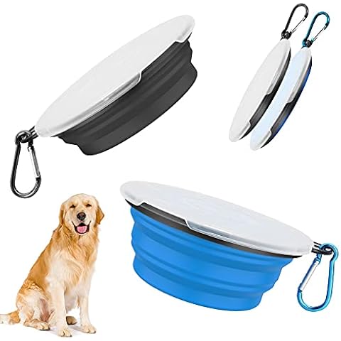 Dog Bowls, Foldable Travel Bowl, Pack of 2, Feeding Dog Bowls with Lid and Hook, Leak-Proof Dog Bowl, Portable Silicone Drinking Bowl for Cats, Dogs Hiking and Camping (Green & Blue) (M, black blue) Cover