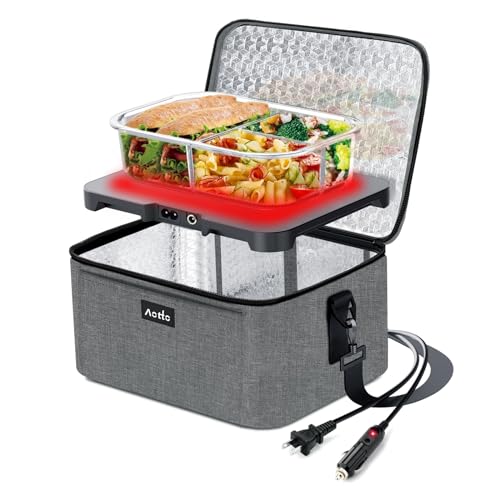 Aotto Portable Oven, 12V, 24V, 110V Food Warmer, Portable Mini Personal Microwave Heated Lunch Box Warmer for Cooking and Reheating Food in Car, Truck, Travel, Camping, Work, Home, Grey