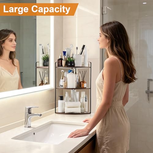 Image of 3 Tier Corner Bathroom Counter Organizer, Countertop Organizer, Makeup Organizer Countertop, Bathroom Storage Sink Shelf, Wooden and Metal Counter Shelf (Gray Brown)