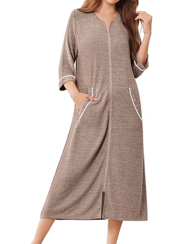 Ekouaer Zipper Robes for Women 3/4 Sleeve Bathrobe Lightweight House Coats for Women with Pockets Long Moo Moo Nightgown
