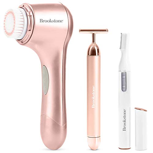 Brookstone 3-in-1 Rose Gold Facial Skin Care Set | Facial Skin Care Products Includes Facial Cleansing Brush T-Bar Face Massager and Facial Epilator | Perfect Gifts for Women