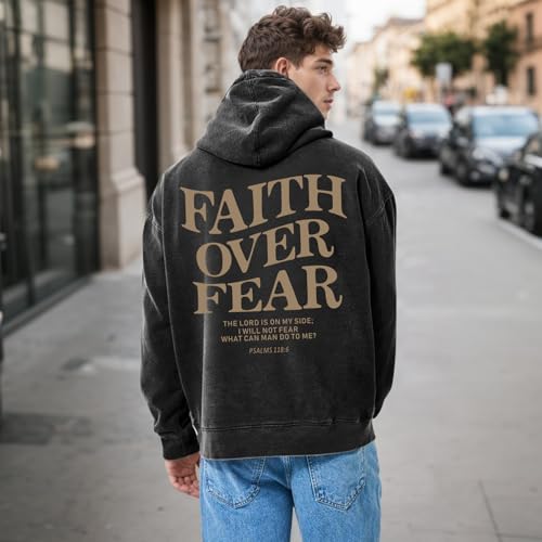 Christian Faith Over Fear Hoodies for Men Jesus Religious Graphic Sweatshirt Bible Verse Acid Wash Pullover Hoodie3
