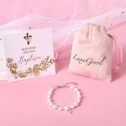 Image of Pearl Cross Bracelets for Girls, Sterling Silver Baby Bracelet, Baptism Gifts for Girl, Christening and First Communion Christian Jewelry Gift for Kids