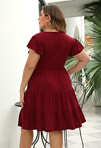 Image of Celkuser Womens Plus Size Summer Casual Midi Dress Short Ruffle Sleeve Tiered Empire Waist T-Shirt Dress with Pockets