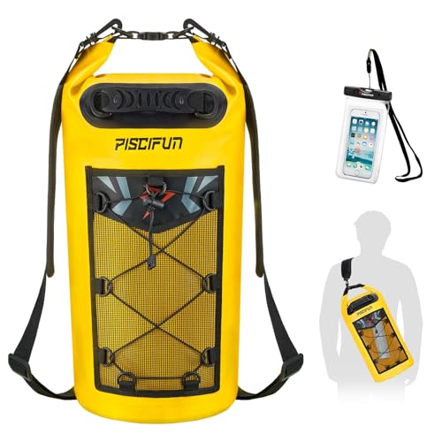 Image of Piscifun Waterproof Dry Bag Backpack 20L Floating Dry Backpack with Waterproof Phone Case for Water Sports - Fishing Boating Kayaking Surfing Rafting Camping Gifts for Men and Women Yellow