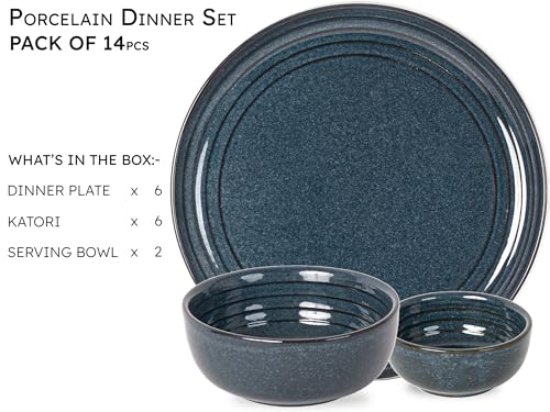 Image of Bodhi House Handcrafted Chip Resistance Porcelain Dinner Set, 14 Pieces Dish Set Serving for 6, Microwave and Dishwasher Safe, Bone-ash Free, Crockery Set for Dining and Gifting, Sapphire Blue