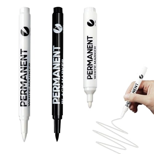 ZWWOGE 3 PCS Marqueurs Permanent, marqueur noir indélébile,Imperméable Marqueur Blanc indelebile, pour Verre Céramique Toile Pneus Metal Toile Papier,marqueur blanc indelebile