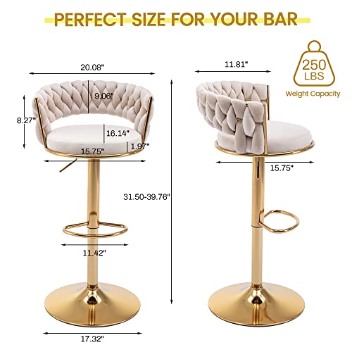 Abet Gold Bar Stool Set Of 2, Velvet Swivel Woven Barstools, Height Adjustable Counter Stools With Hollow Back, Upholstered Modern Luxury Kitchen Stools With Footrest For Cafe, Pub, Beige #TOP2