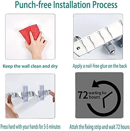 Mop Broom Holder Wall Mounted, Heavy Duty Stainless Steel Self-Adhesive Wall Mounted Tool, Broom Handle Bracket, Self Adhesive Mop Holder, for Brush Mop and Broom Tool Storage (3 Racks 4 Hooks)