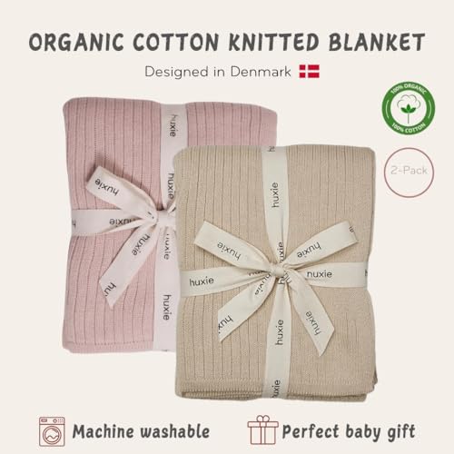Image of 100% Organic Cotton Knit Receiving Baby Blanket for Newborns - Soft, Breathable Blanket for Crib & Stroller - Nursery Gift 2-Pack (Fog and Blush)
