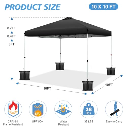 WEIZE 10x10 pop up Canopy Tent, One-Button Push Setup, Adjustable Height pop up Gazebo, Instant Portable Shelter, 4 Weight Bags, Sun Shade for Events & Camping, Silver Coated Top, Black