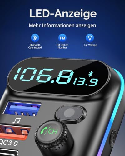 LENCENT FM auto Transmitter Bluetooth Adapter V5.0 Freisprecheinrichtung mit USB-Ladegerät PD-Typ-C...