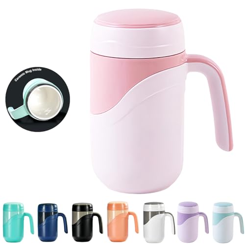 Klaraber Ceramic Travel Mug 12oz, 350ml Ceramic Liner Insulated Mug with Leak Proof Lid and Handle, Perfect for Coffee or Tea, Suitable for Using at Home, Office or School(White Pink)