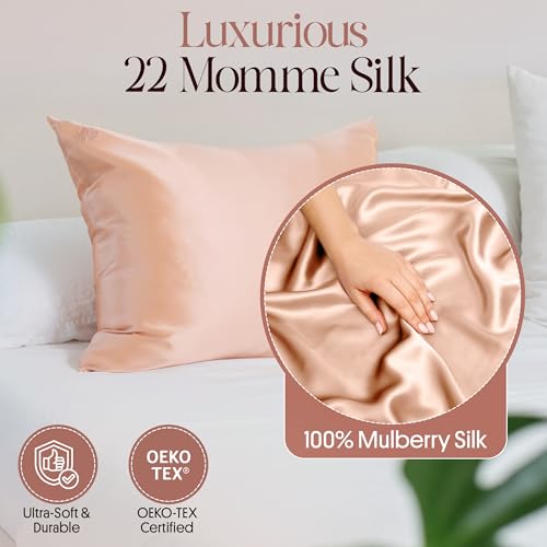 Image of 100% Mulberry Silk Pillowcase Infused with Silver Ions - Pure 22 Momme Grade 6A Fibers for Beautiful Skin and Hair - Cooling Pillow Case Protector with Zipper