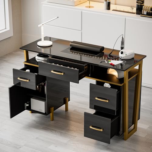 Belandi Manicure Table with Visualized Drawer, High Glossy Nail Desk w/Metal Frame&Wrist Cushion, Beauty Salon Workstation for Nail Tech, Black