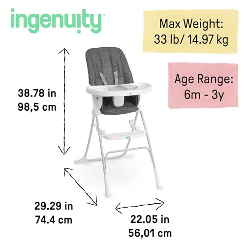 Image of Ingenuity: ity by Ingenuity Sun Valley Compact Folding High Chair, Food-Grade Safe Plate, Safety Harness, for Ages 6 Months and Up, Unisex - Grey
