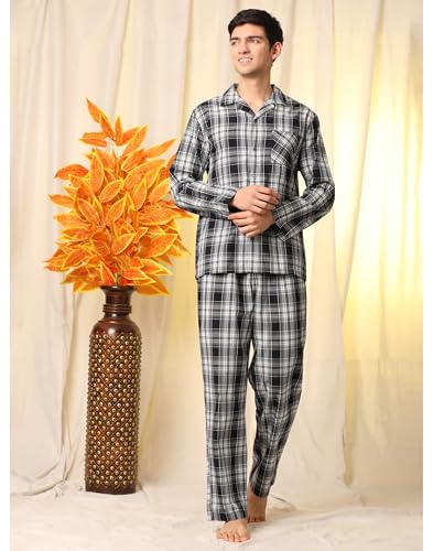 Image of B STORIES Men's 100% Cotton Full Sleeve PJ Set - Checkered Nightwear Set | Soft Loungewear | Comfortable Sleepwear | Stylish Casual Home Wear Shirt & Pant (S-XXL)