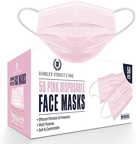 Harley Street Care Disposable Pink Face Masks Protective 3 Ply Breathable Triple Layer Mouth Cover with Elastic Earloops (Pack of 50)