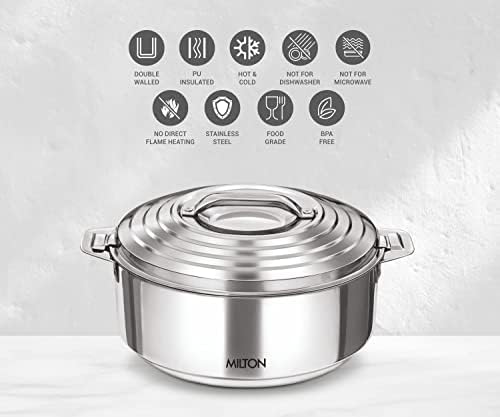 MILTON Galaxia 2500 Insulated Stainless Steel Casserole, 2450 ml | 83 oz | 2.6 qt. Thermal Serving Bowl, Keeps Food Hot & Cold for Long Hours, Elegant Hot Pot Food Warmer Cooler, Silver