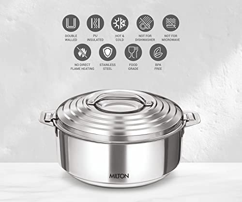 Milton Galaxia 3500 Insulated Stainless Steel Casserole, 3300 Ml | 111 Oz| 3.5 Qt. Thermal Serving Bowl, Keeps Food Hot & Cold For Long Hours, Elegant Hot Pot Food Warmer Cooler, Silver #TOP4