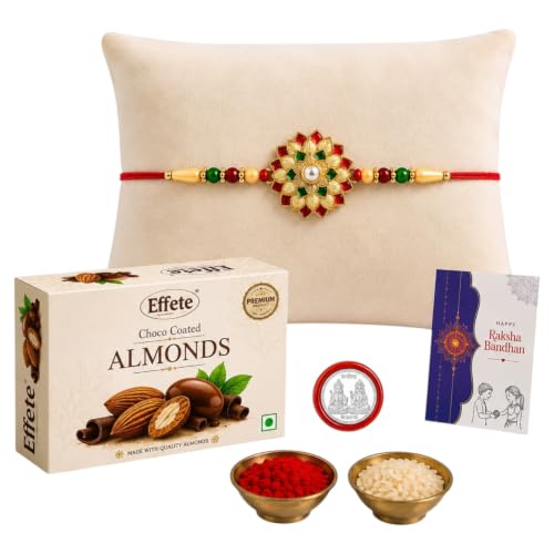 Image of DeoDap Raksha Bandhan Gift Hamper for Brother | Designer Rakhi with Chocolate-Coated Almonds (32 GM) | Roli Chawal, Shubh Labh Coin and Greeting Card | Rakhi Gift Combo, Traditional Raksha Bandhan Celebration Gift Combo for Bhai