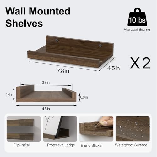 Image of Small Walnut Floating Shelves for Wall, 8 in Shelf with Lip Set of 2 | Mini Display Ledge Shelf for Wall Decor, Wall Mounted Wood Shelves for Bedroom, Bathroom, Living Room, Kitchen, Nursery Room