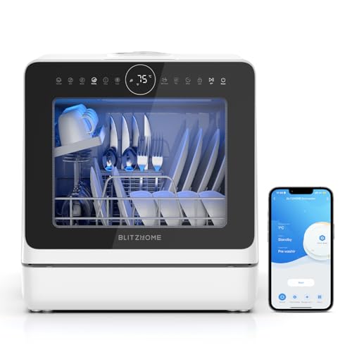 Mini lavastoviglie BLITZHOME controllo smart app, 8 programmi, lavastoviglie da tavolo portatile, serbatoio dell'acqua da 5 l, utilizzabile con/senza collegamento acqua, asciutto, prenotazione
