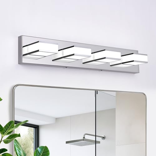 Image of Modern 4 Light Long Bathroom Lamp - Chrome Stainless Steel Acrylic LED Vanity Sconces for Bedroom, Living Room, Kitchen (Cool White 6000K)