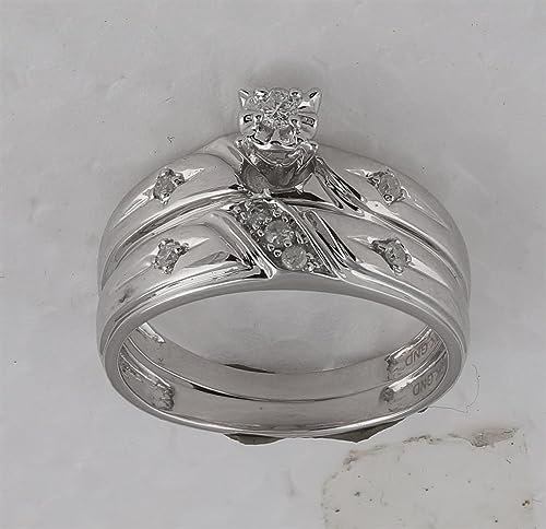 His and Hers Bridal Womens and Mens Engagment and Wedding Band Complete Trio Matching Wedding Rings Set 10K White Gold Round Diamond Cross 1/5 Cttw3