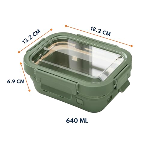 Image of Griplok Glass Lunch Box with Leakproof Lid, Borosilicate Food Storage Container with Silicone Sleeve, Airtight, Microwave /Dishwasher Safe (Forest Green, 2x640ml)