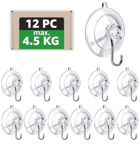 GeeMiLo Saugnapf mit Haken Saughaken - [max. 4.5kg] [Ø 45 mm] [12 Stück] Hochwertige Saugnäpfe Suction Cup Hooks für Camping | Badezimmer | Küche | Auto | Fenster Wandhaken | Weihnachtsdeko