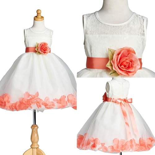 Ivory Lace Rose Petal Tulle Flower Girl Dress Wedding Junior Toddler