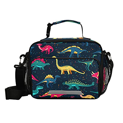 Mnsruu Lonchera térmica con diseño de dinosaurios coloridos y lindos para niños, con correa para el hombro, para escuela, picnic, aperitivos, resistente al agua, soporte para botellas, sin PBA