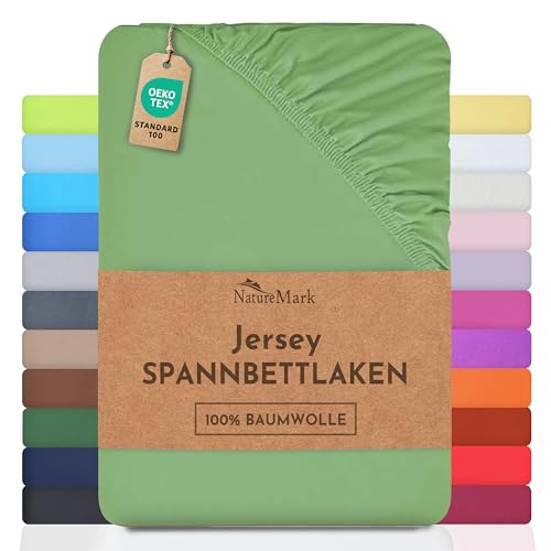NatureMark Jersey Spannbettlaken, Spannbetttuch 100% Baumwolle in vielen Größen und Farben MARKENQUALITÄT ÖKOTEX Standard 100 | 90 x 200 cm - 100 x 200 cm - Jade