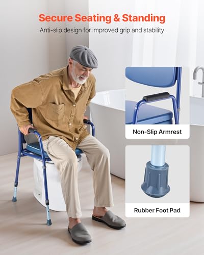 VEVOR Nachttoilettenstuhl 181 kg belastbar, Toilettensitzerhöhung mit gepolsterter Sitzfläche & Rückenlehne, abnehmbarer 5 L Eimer, höhenverstellbarer Toilettenstuhl (815-915 mm) für Erwachsene