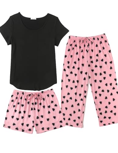 Image of Ekouaer 3 PCS Capri Pajamas for Women Set Short Sleeve Pajama Lounge Sets | Floral Pj Sets Top and Capri Pants Soft Comfy Sleepwear with Pockets for Home, Daily Wear for Mom, Wife, Grandmother
