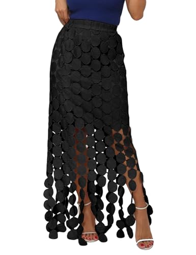 Yimoon Womens Hollow Out Maxi Skirt Elastic Waist Fringe Hem Long Skirt Tassel Trim Cocktail Party Midi Skirt