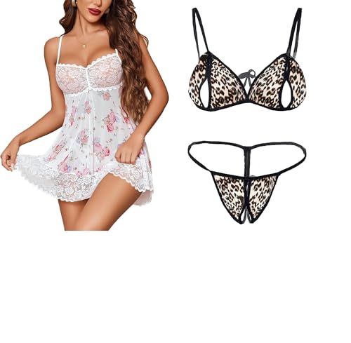 Image of SSoShHub Lace Babydoll Lingerie Sexy Mini Chemise Mesh Wedding Nightie Bridal Nightdress with Bikini