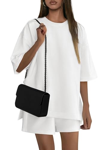 PRETTYGARDEN Women's 2 Piece Lounge Sets 2025 Summer Short Sleeve Tunic Tops Drawstring Shorts Matching Outfits Tracksuits