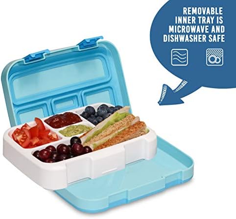 MunchBox Bento Lunch Box with 5 Compartments, Kids & Toddler BPA Free Plastic Snack Box, Adult Food Storage Container with Leak Proof Silicone Lid. Perfect Baby Food Snack Bento Boxes Blue