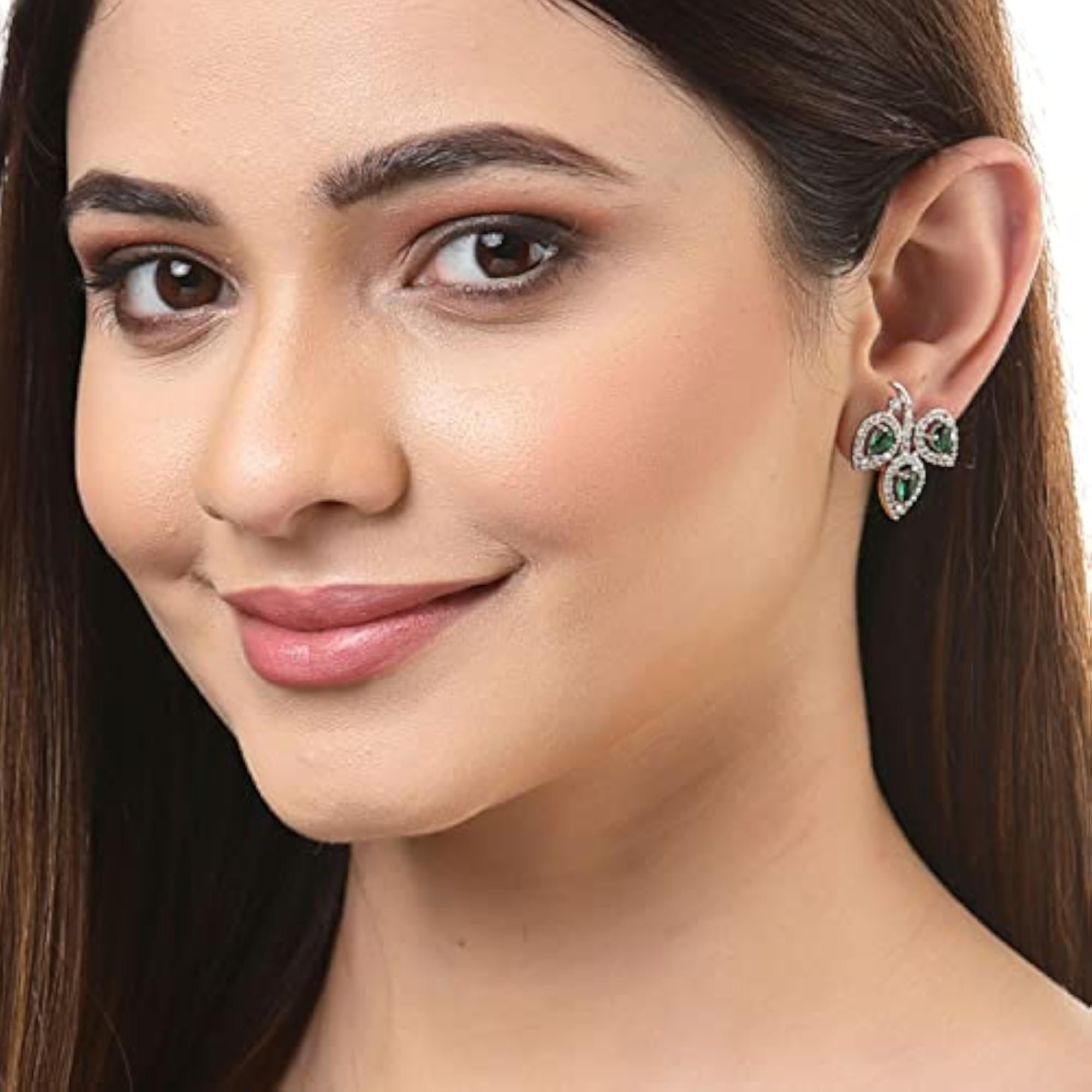 Leaf Shaped Rhodium Plated Diamond Stud Earring (Green)