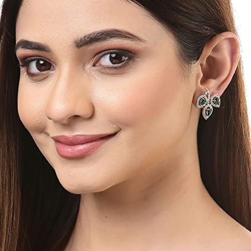 Leaf Shaped Rhodium Plated Diamond Stud Earring (Green)