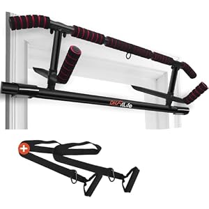 DH FitLife Barre de traction pour cadre de porte sans vis | Pull up bar Doorway | Barre d&rsquo;étirement | Avec L&rsquo;entraîneur à l&rsquo;élingue | Pour cadre de porte 70-92cm