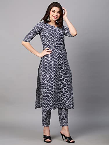 Image of ANNI DESIGNER Women's Cotton Blend Printed Straight Kurta With Pant