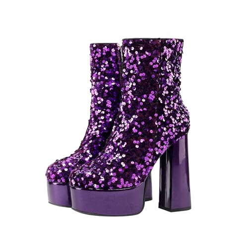 Women's Sequin Platform Mid Calf Boots Chunky High Heel Leather Boots Side Zipper Sexy Dress Boot for Ladies