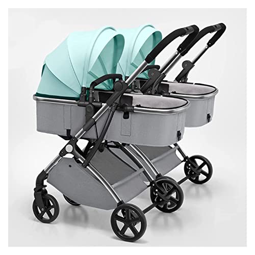 Double Baby Stroller for Infant and Toddler Reversible Bassinet Twins Pram Tandem Umbrella Stroller Detachable Pushchair Side-by-Side Multi-Position Reclining Seats (Color : Green)