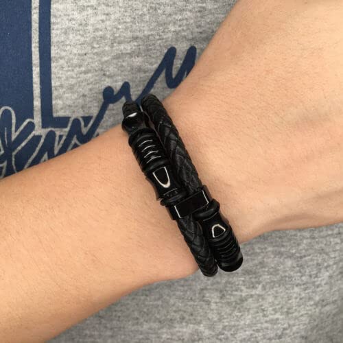 Image of Black Braided Leather Bracelet For Men