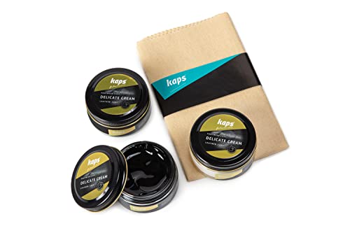 Kaps Crema Limpiabotas y Zapatos Profesional con Paño de Algodón. Set de 3 Marrón Oscuro/Transparente/Negro 50 ml. Fabricado con Cera Natural. Para el Cuidado del Calzado de Cuero natural y Sintético