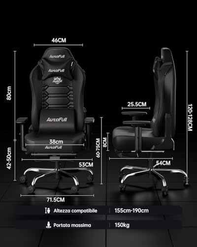 AutoFull C3 Sedia da Gaming Ergonomica | Gaming Chair con Braccioli 2D, Poggiapiedi, Poggiatesta & Cuscino Lombare | Portata 150?kg | Tessuto Confortevole (Nero) - Immagine 1